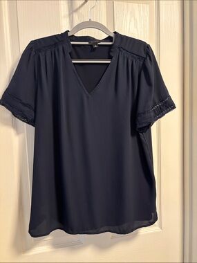 Ann Taylor Navy Blue V-Neck Lace-Trim Blouse